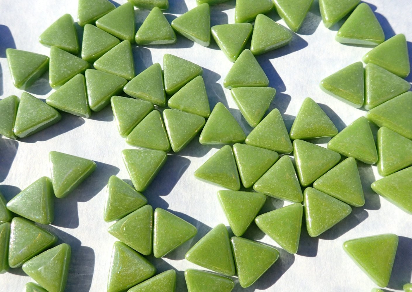 Green Small Triangle Iridescent Glass Mosaic Tiles - 10mm - Opaque Glass Solid Color - 50g in Grass Green - Approx 70 Tiles