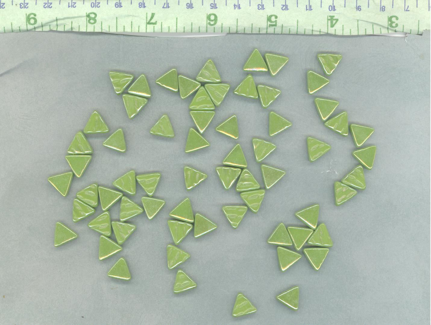 Green Small Triangle Iridescent Glass Mosaic Tiles - 10mm - Opaque Glass Solid Color - 50g in Grass Green - Approx 70 Tiles