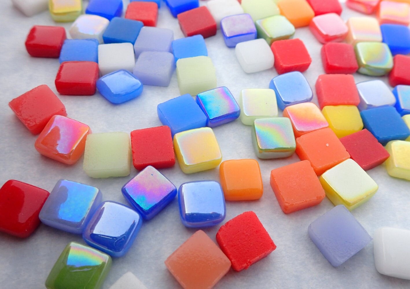 Bright Colors Mix Mini Glass Tiles - 8mm Square - 50 grams Opaque Glass Mix of Iridescent and Matte Tiles in Assorted Colors