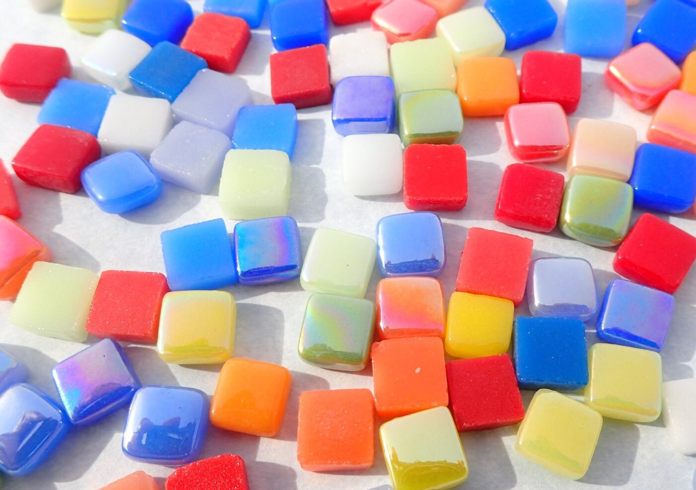 Bright Colors Mix Mini Glass Tiles - 8mm Square - 50 grams Opaque Glass Mix of Iridescent and Matte Tiles in Assorted Colors