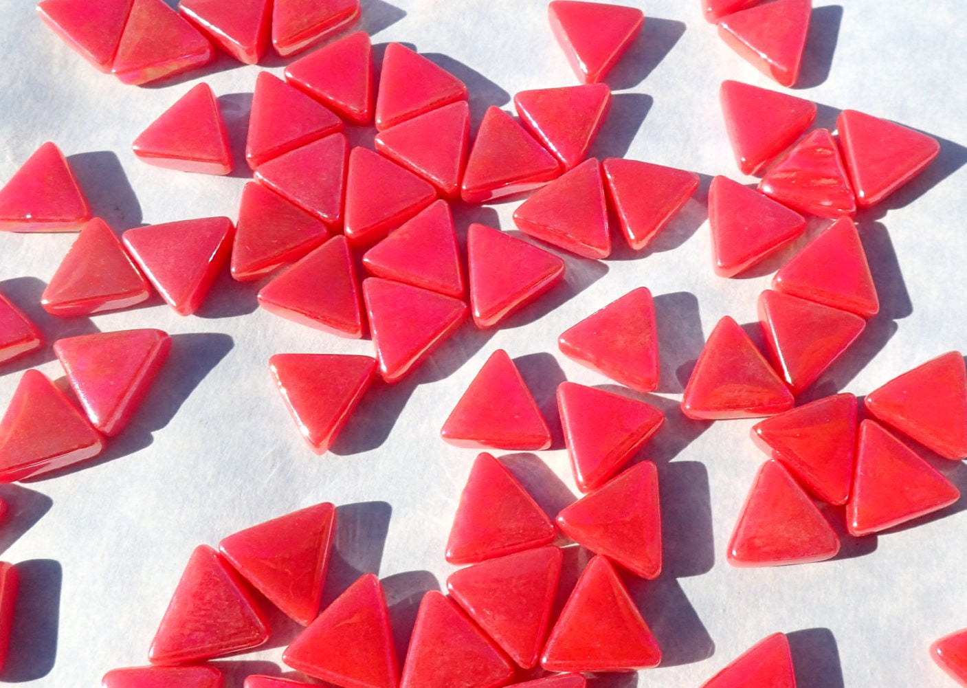 Small Red Triangle Iridescent Glass Mosaic Tiles - 10mm - Opaque Glass Solid Color - 50g of Watermelon in Pearl Finish - Approx 80 Tiles