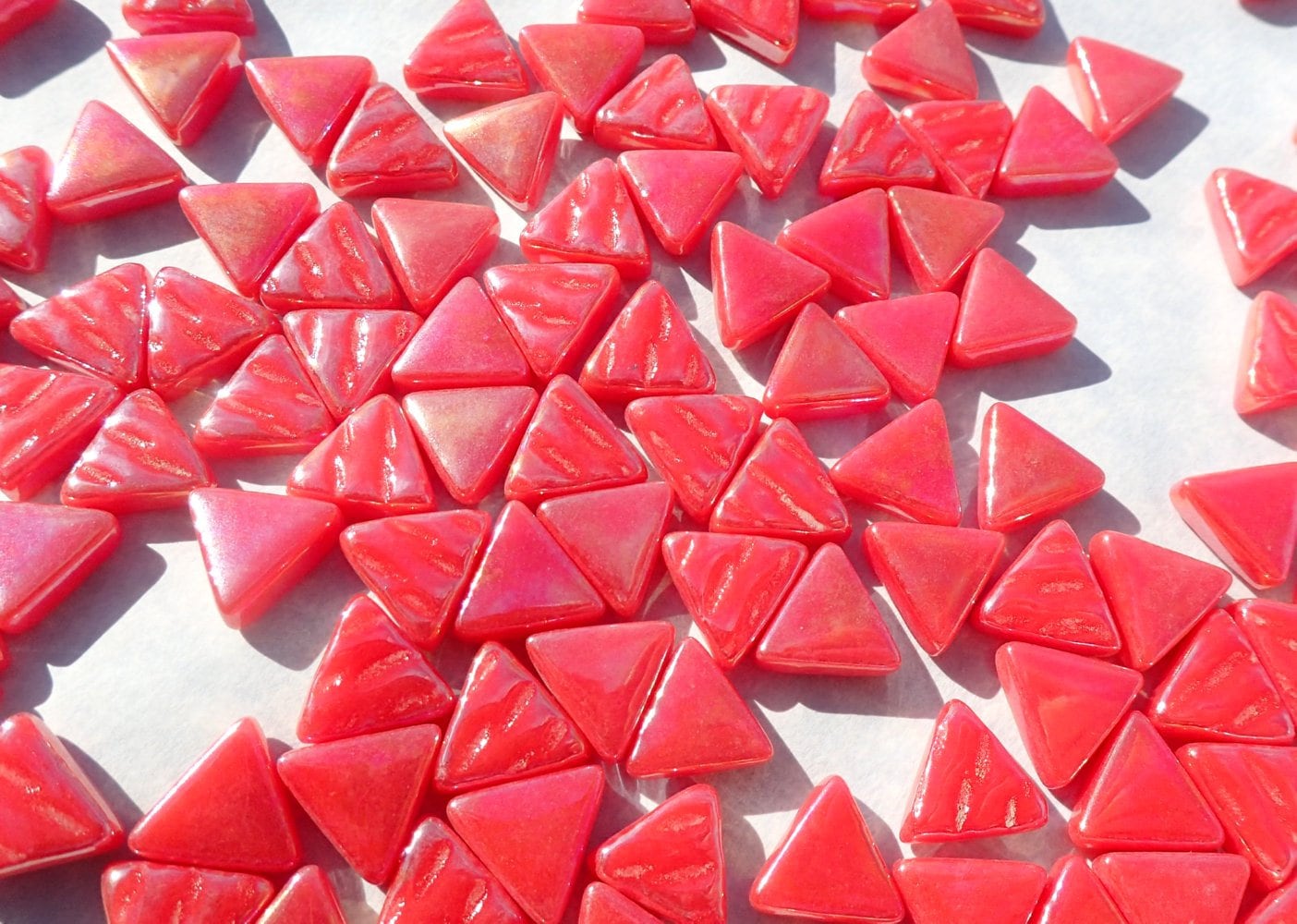 Small Red Triangle Iridescent Glass Mosaic Tiles - 10mm - Opaque Glass Solid Color - 50g of Watermelon in Pearl Finish - Approx 80 Tiles