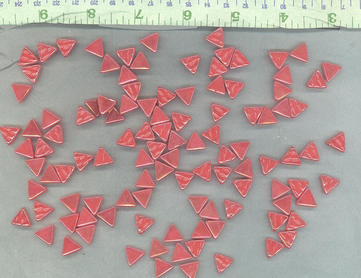 Small Red Triangle Iridescent Glass Mosaic Tiles - 10mm - Opaque Glass Solid Color - 50g of Watermelon in Pearl Finish - Approx 80 Tiles