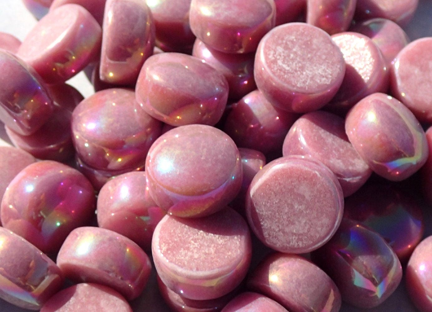 Rose Pink Iridescent Glass Drops Mosaic Tiles - 100 grams 12mm Glass Gems - Over 60 Tiles