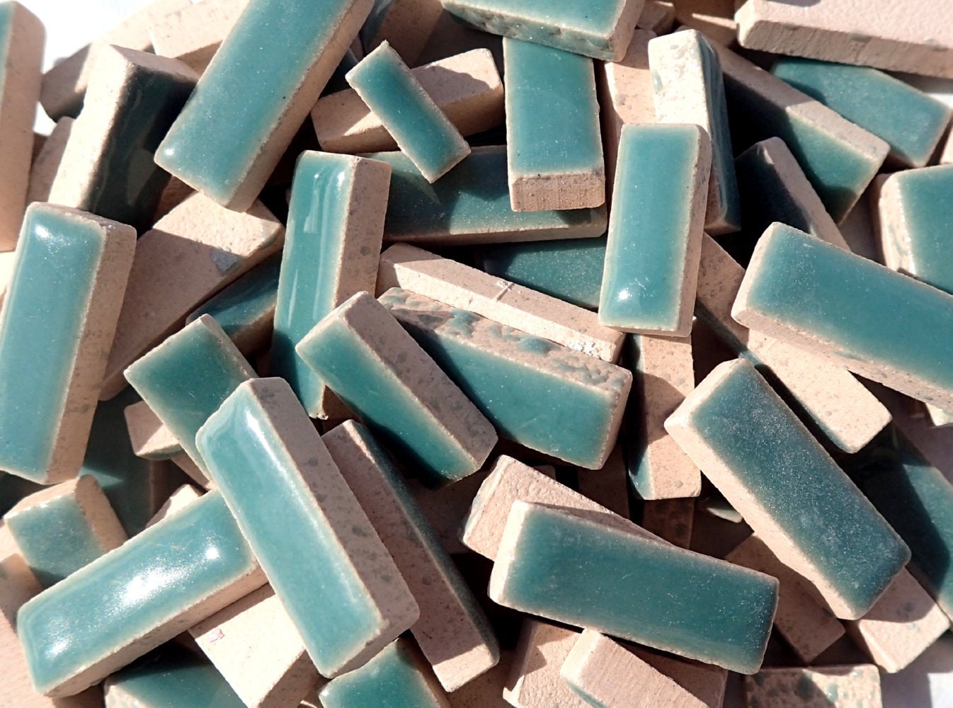 Deep Sea Green Mini Rectangles Mosaic Tiles - 50g Ceramic in Mix of 3 Sizes 1/2" and 3/4" in Phthalo Green