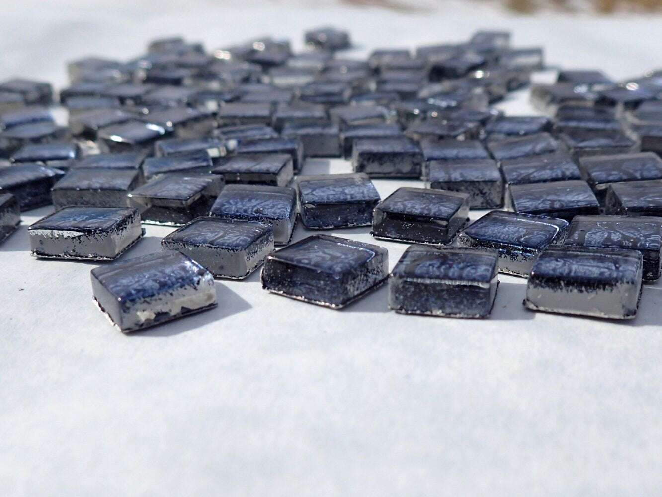 Midnight Blue Foil Square Crystal Tiles - 10mm - 50g Metallic Glass Tiles in Dark Blue - Approx 50 Tiles