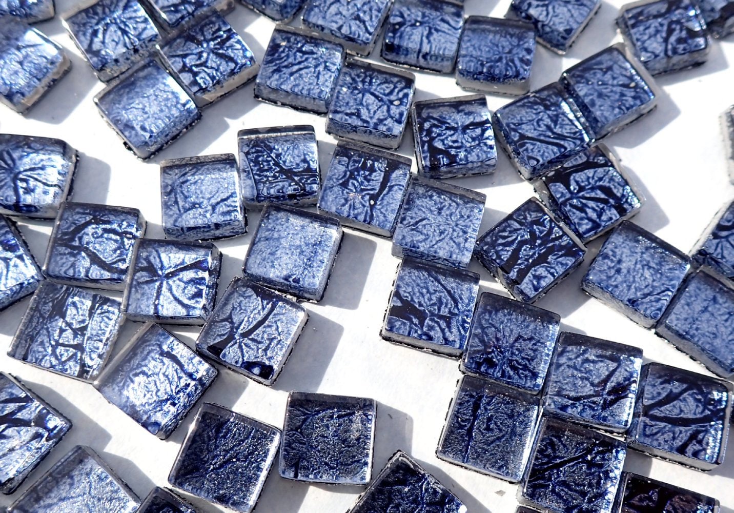 Midnight Blue Foil Square Crystal Tiles - 10mm - 50g Metallic Glass Tiles in Dark Blue - Approx 50 Tiles