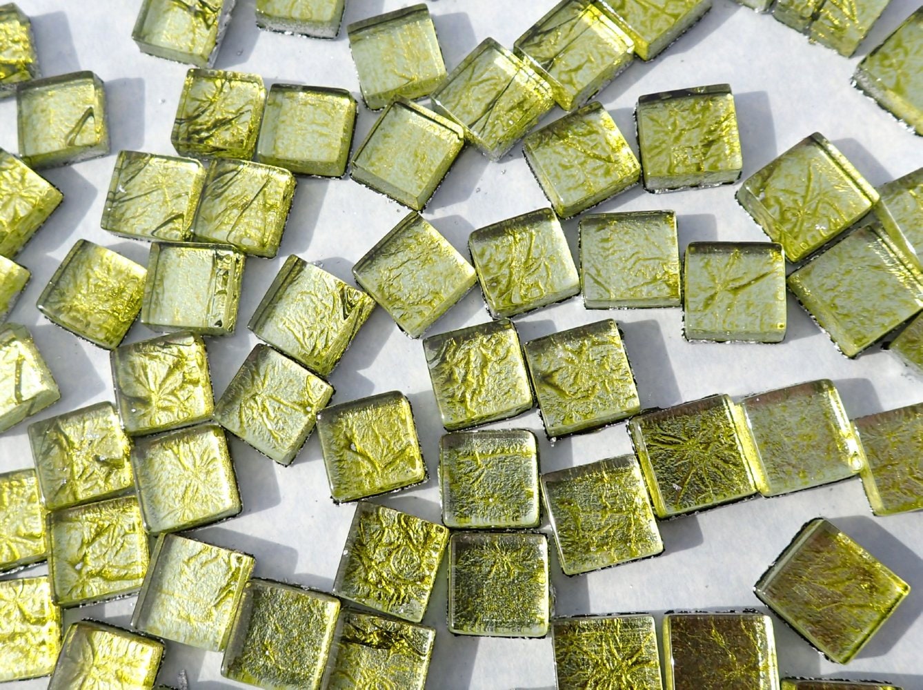 Green Foil Square Crystal Tiles - 10mm - 50g Metallic Glass Tiles in Chartreuse - Approx 50 Tiles