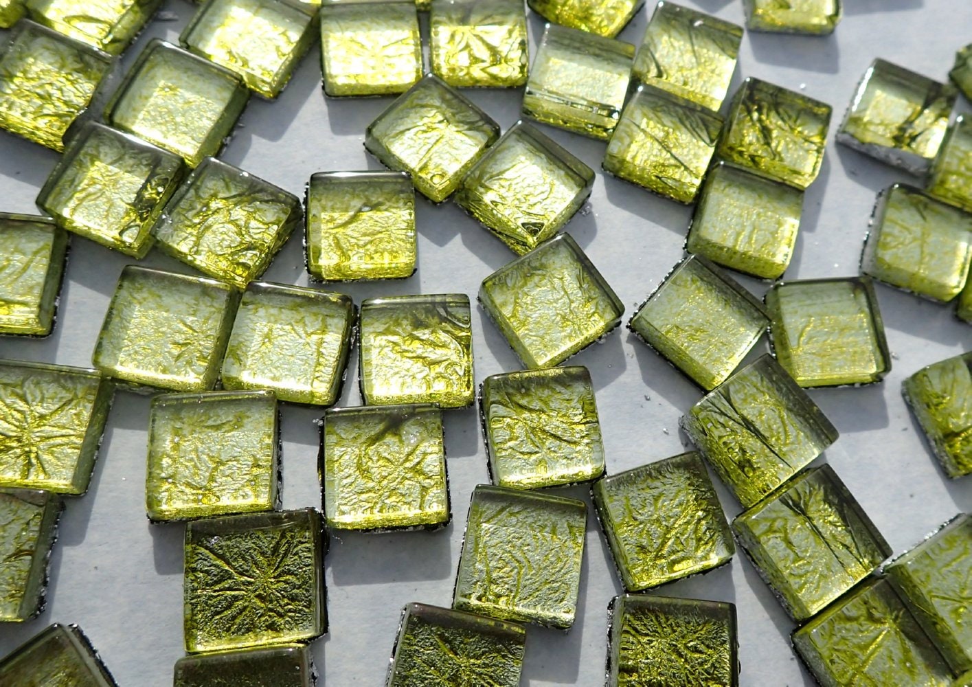 Green Foil Square Crystal Tiles - 10mm - 50g Metallic Glass Tiles in Chartreuse - Approx 50 Tiles