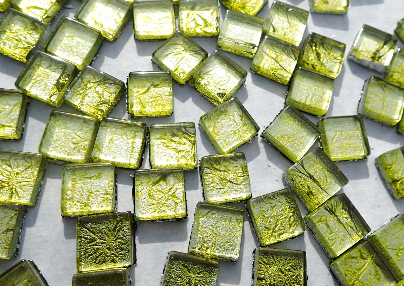 Green Foil Square Crystal Tiles - 10mm - 50g Metallic Glass Tiles in Chartreuse - Approx 50 Tiles