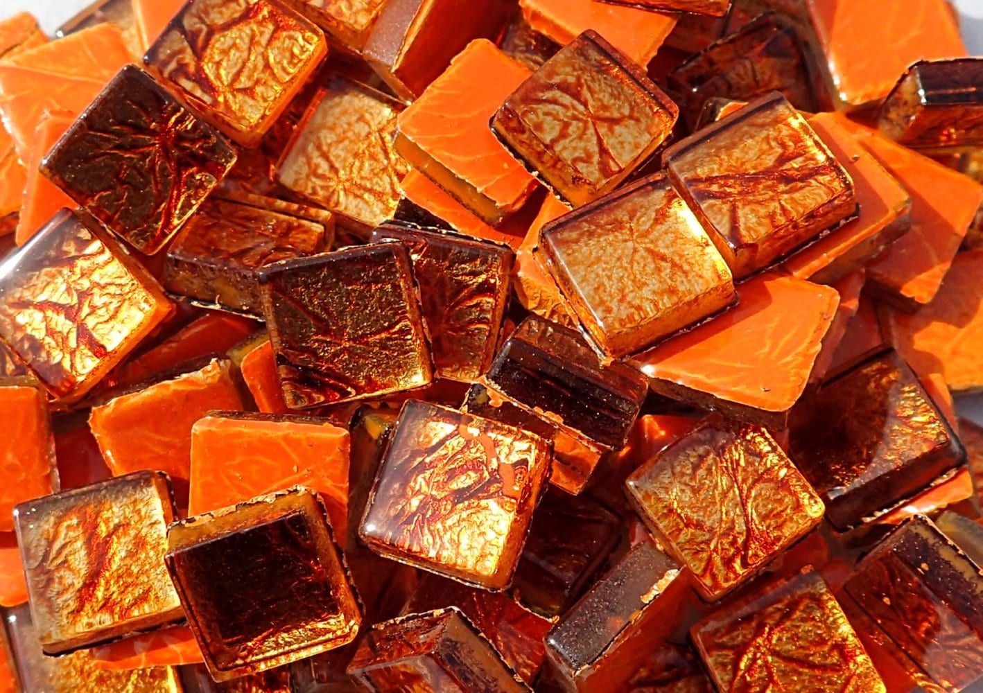 Copper Orange Foil Mini Square Crystal Tiles - 10mm - 50g Metallic Glass Tiles - Approx 50 Tiles