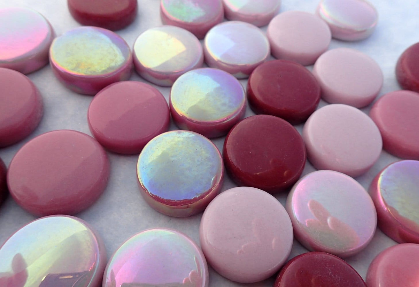 Pink Mix Large Glass Drops - 100 grams - 20mm Mix of Gloss and Iridescent Glass Gems - Approx 20 Tiles