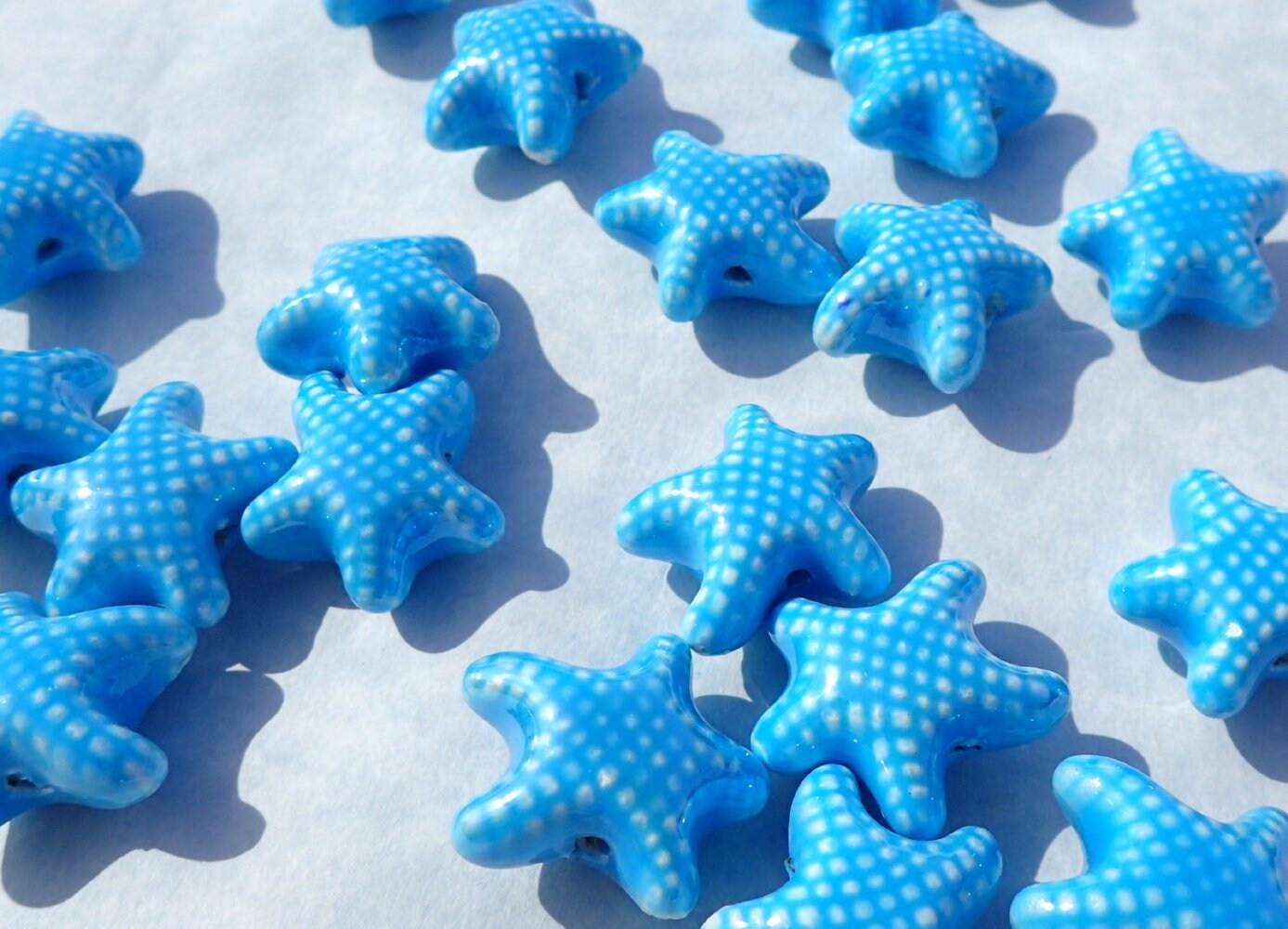 Light Blue Starfish Beads - Ceramic Mosaic Tiles - 10 Puffy Beads - Sea Stars