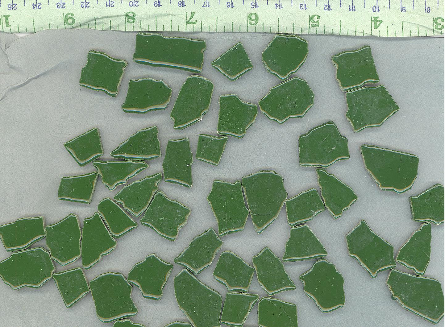 Dark Green Mosaic Ceramic Tiles - Jigsaw Puzzle Shaped Pieces - Half Pound - Assorted Sizes Random Shapes in Pesto