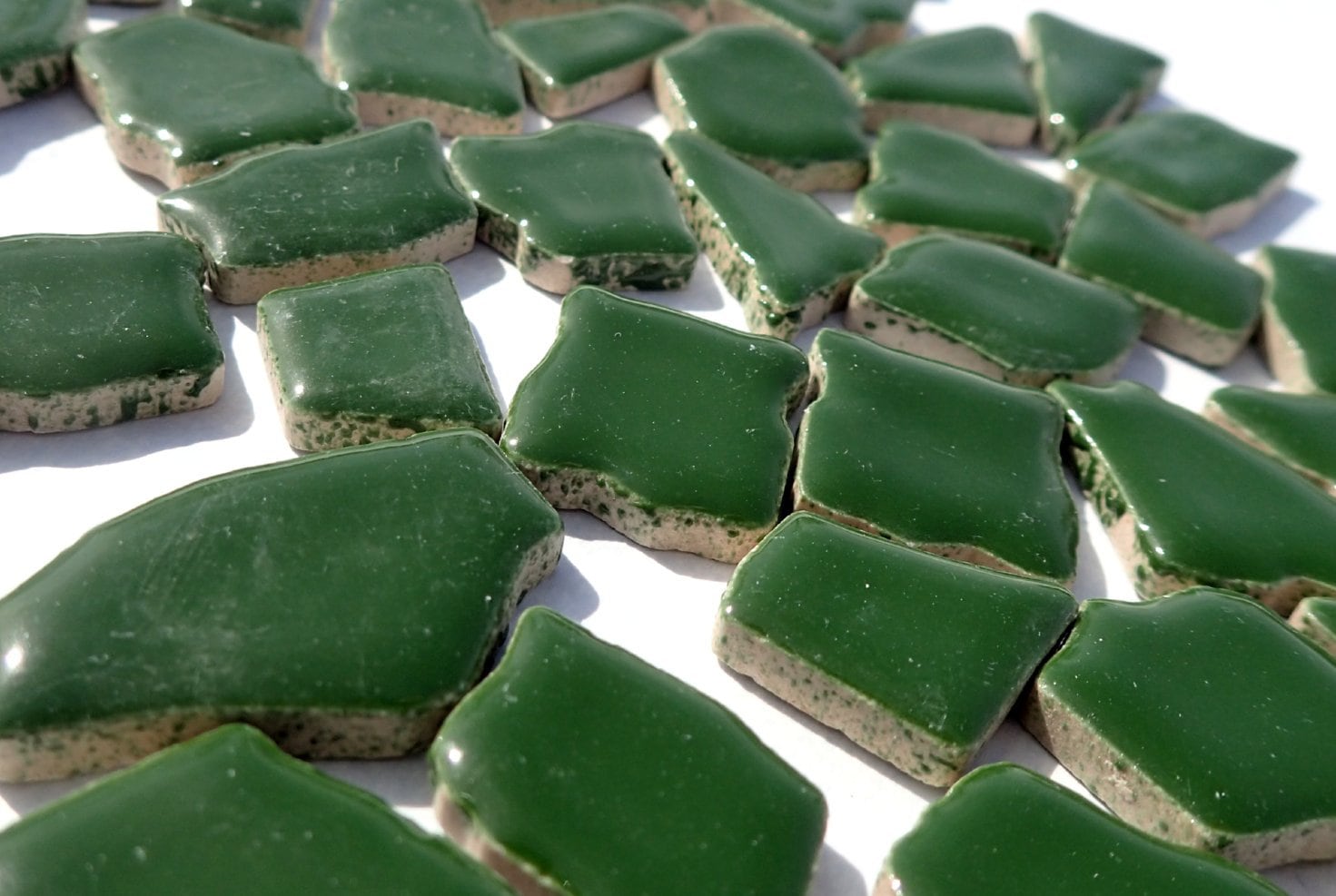 Dark Green Mosaic Ceramic Tiles - Jigsaw Puzzle Shaped Pieces - Half Pound - Assorted Sizes Random Shapes in Pesto