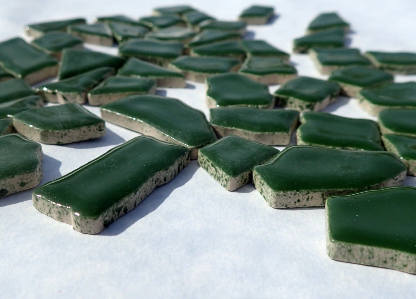 Dark Green Mosaic Ceramic Tiles - Jigsaw Puzzle Shaped Pieces - Half Pound - Assorted Sizes Random Shapes in Pesto