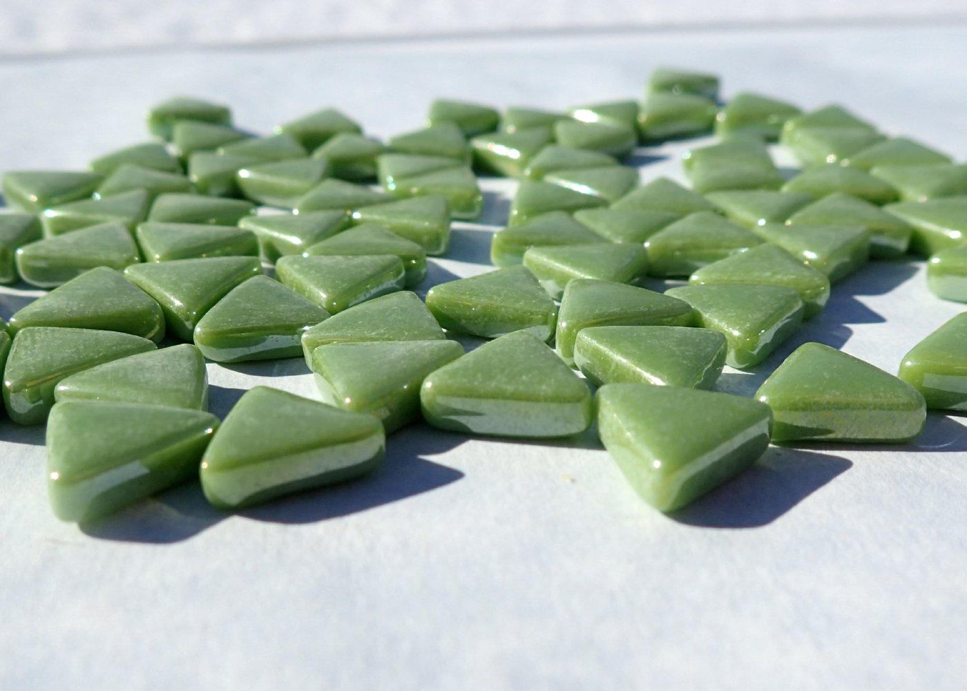 Green Small Triangle Iridescent Glass Mosaic Tiles - 10mm - Opaque Glass Solid Color - 50g in Grass Green - Approx 70 Tiles