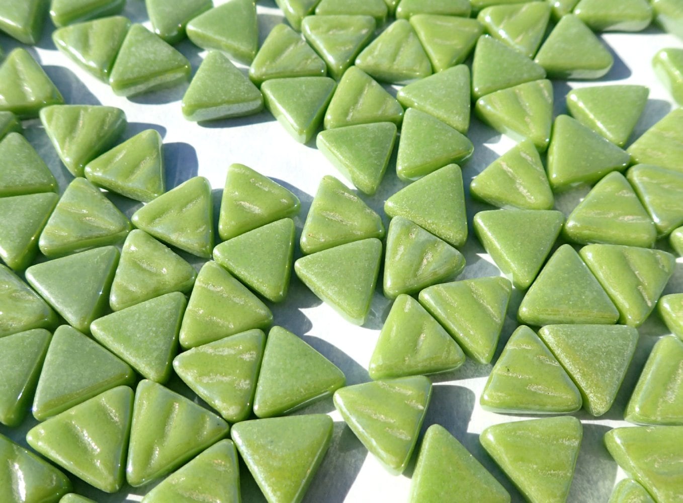 Green Small Triangle Iridescent Glass Mosaic Tiles - 10mm - Opaque Glass Solid Color - 50g in Grass Green - Approx 70 Tiles