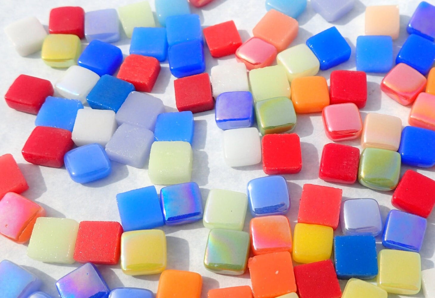 Bright Colors Mix Mini Glass Tiles - 8mm Square - 50 grams Opaque Glass Mix of Iridescent and Matte Tiles in Assorted Colors