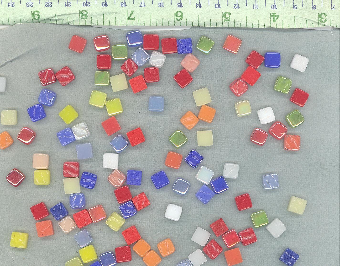 Bright Colors Mix Mini Glass Tiles - 8mm Square - 50 grams Opaque Glass Mix of Iridescent and Matte Tiles in Assorted Colors