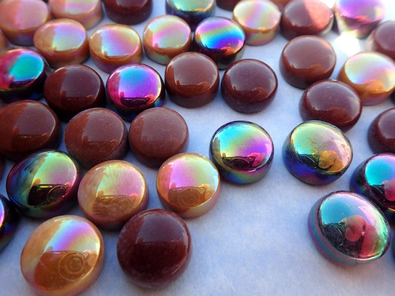 Coffee Mix Glass Drops Mosaic Tiles - 100 grams 12mm Mix of Gloss and Iridescent Glass Gems Tan Brown - Over 60 Tiles