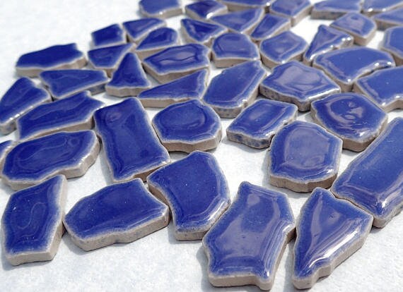 Denim Blue Mosaic Ceramic Tiles - Jigsaw Puzzle Shaped Pieces - Half Pound - Assorted Sizes Random Shapes - Delphinium