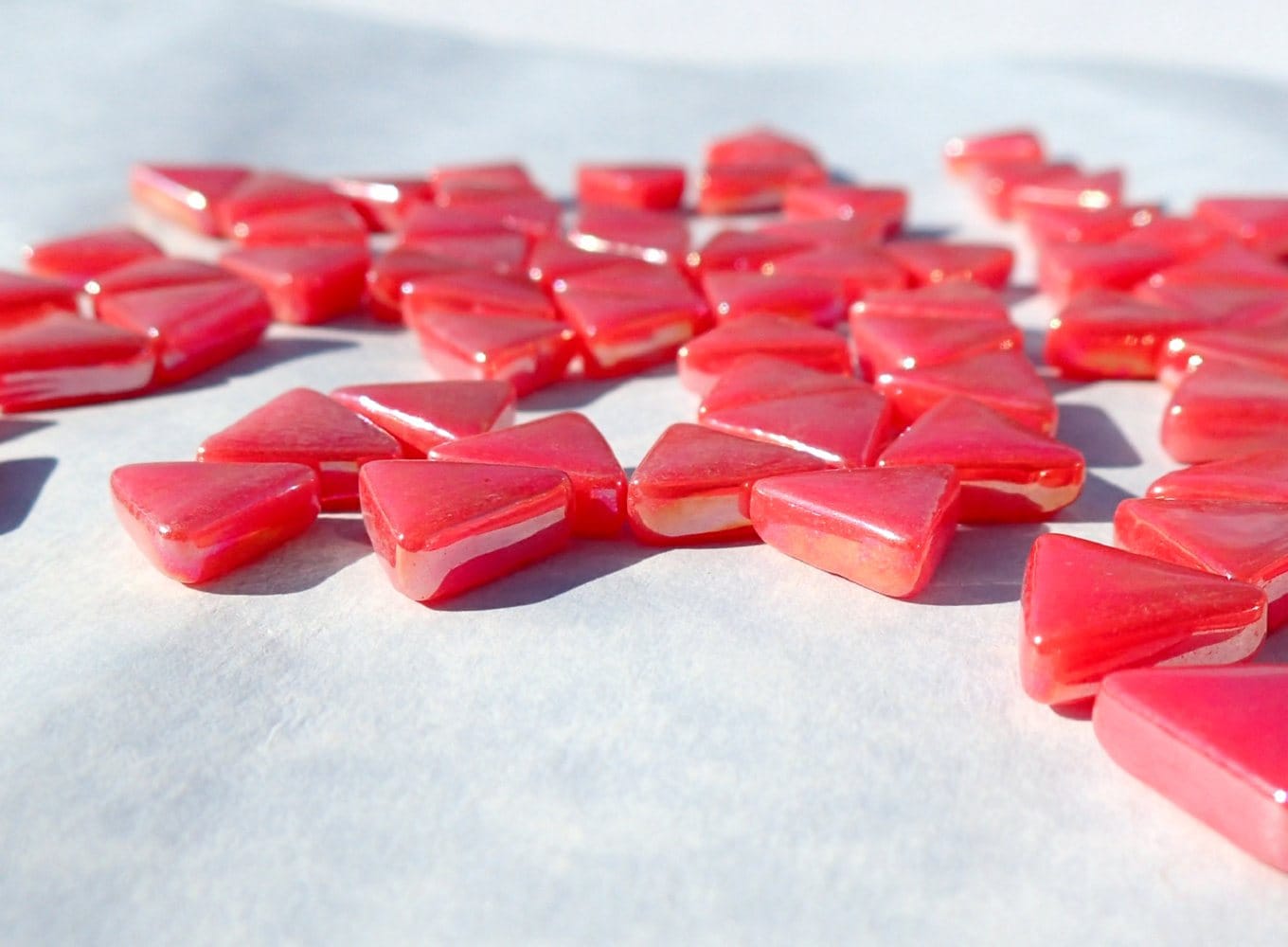 Small Red Triangle Iridescent Glass Mosaic Tiles - 10mm - Opaque Glass Solid Color - 50g of Watermelon in Pearl Finish - Approx 80 Tiles