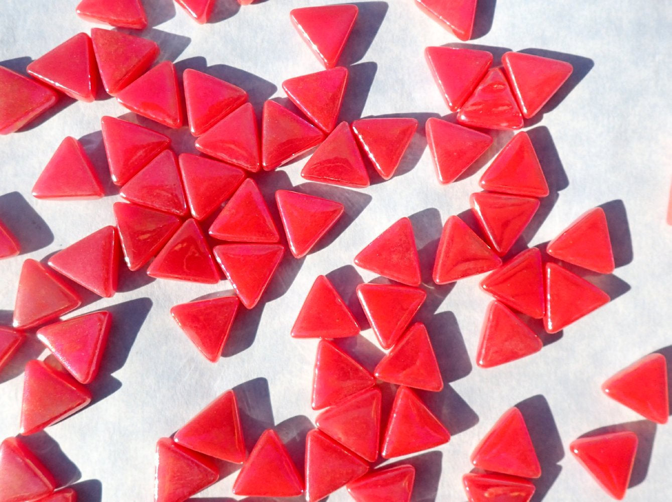 Small Red Triangle Iridescent Glass Mosaic Tiles - 10mm - Opaque Glass Solid Color - 50g of Watermelon in Pearl Finish - Approx 80 Tiles