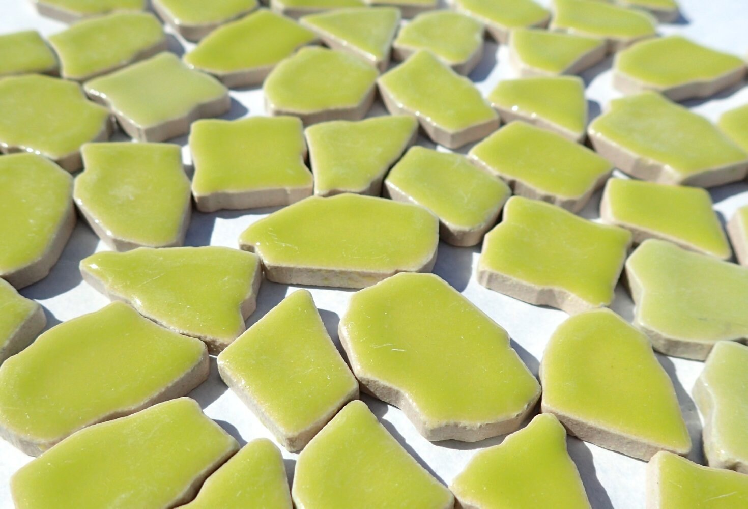 Kiwi Green Mosaic Ceramic Tiles - Jigsaw Puzzle Shaped Pieces - Half Pound - Assorted Sizes Random Shapes