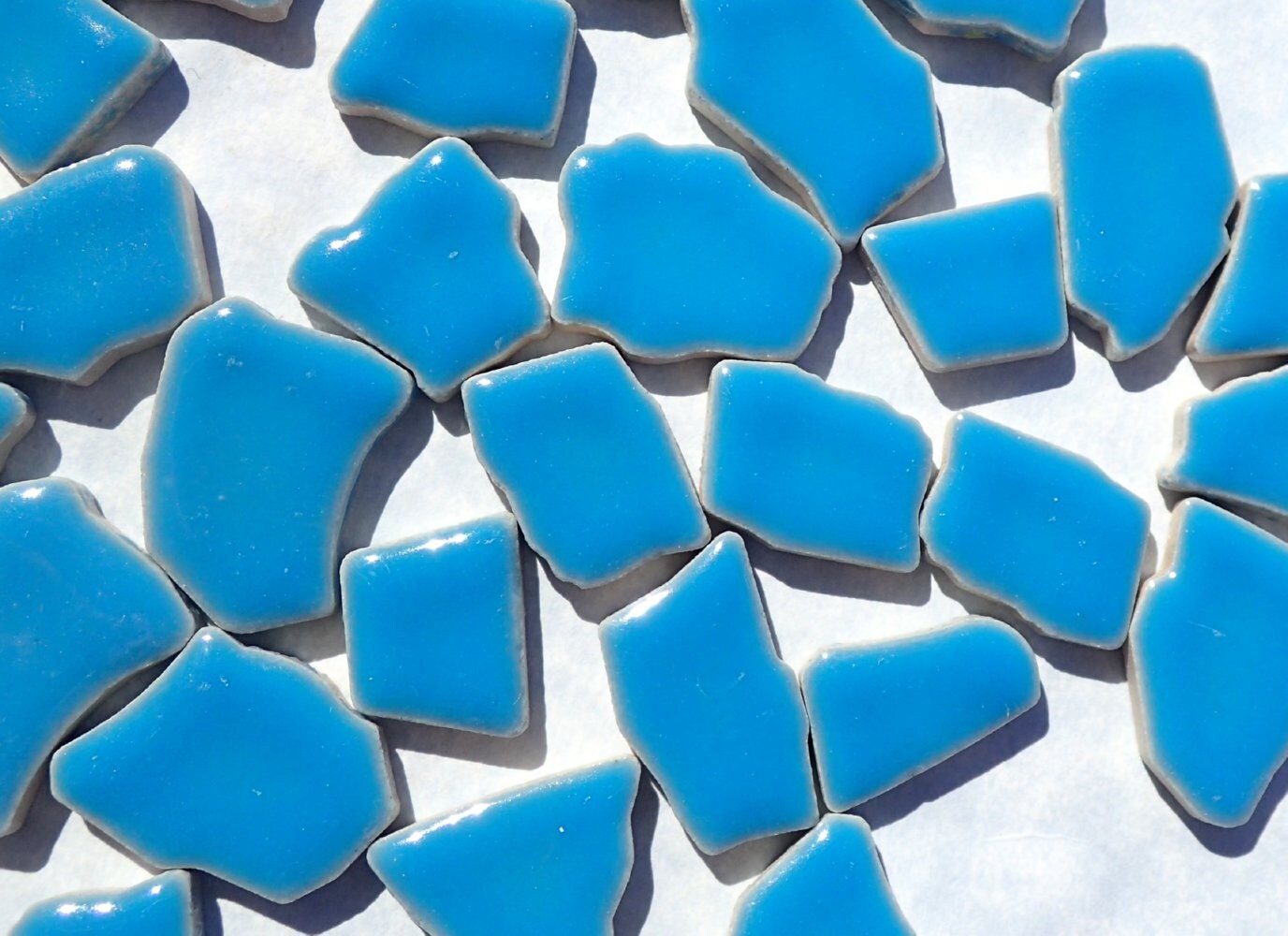 Mediterranean Blue Mosaic Ceramic Tiles - Jigsaw Puzzle Shaped Pieces - Half Pound - Assorted Sizes Random Shapes in Thalo Blue