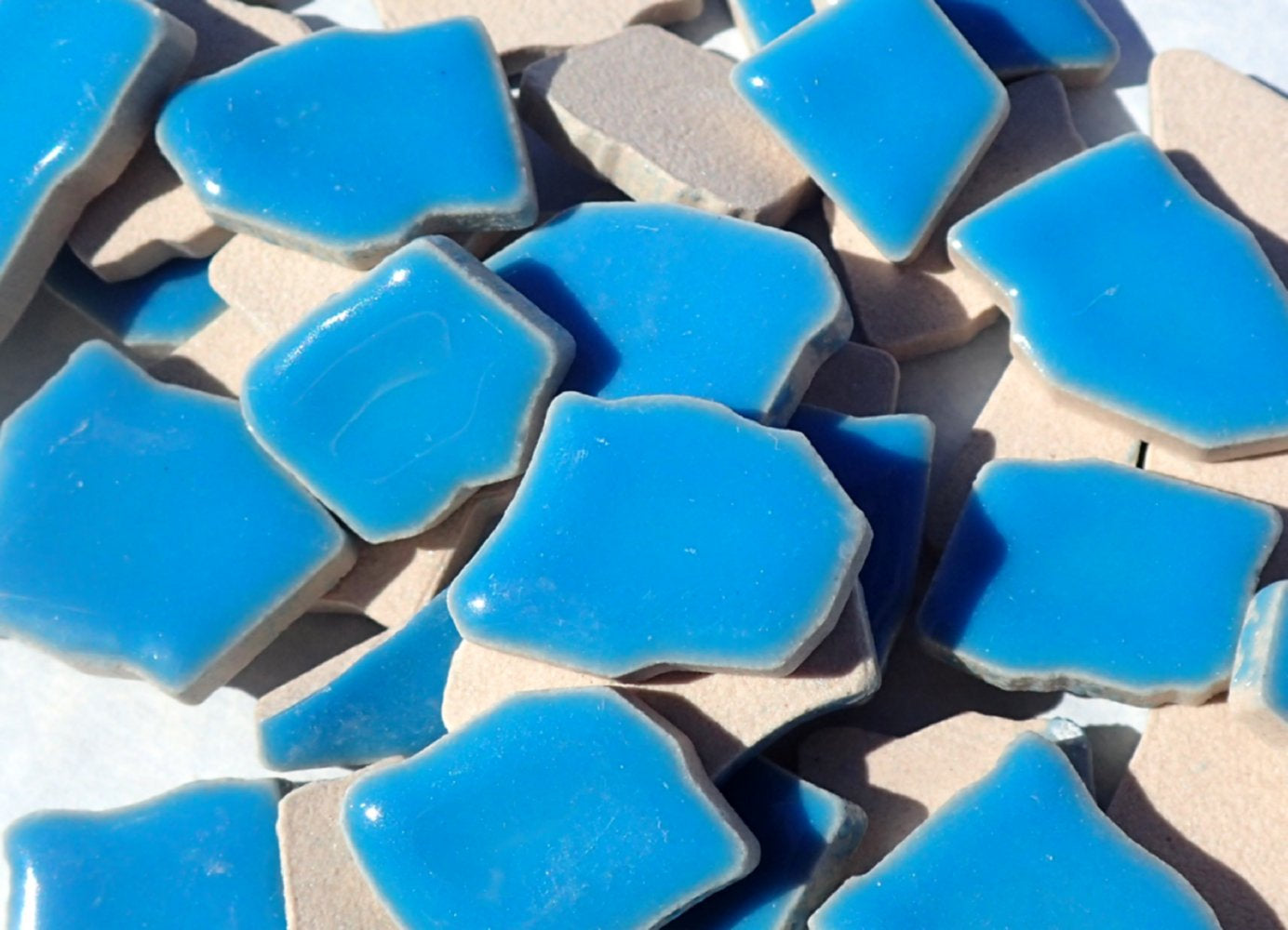 Mediterranean Blue Mosaic Ceramic Tiles - Jigsaw Puzzle Shaped Pieces - Half Pound - Assorted Sizes Random Shapes in Thalo Blue