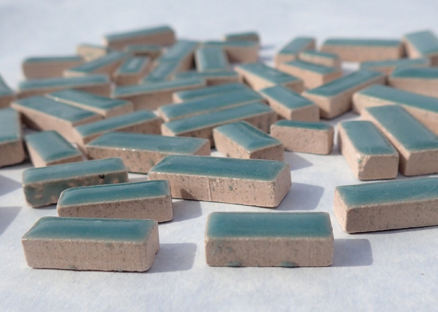 Deep Sea Green Mini Rectangles Mosaic Tiles - 50g Ceramic in Mix of 3 Sizes 1/2" and 3/4" in Phthalo Green