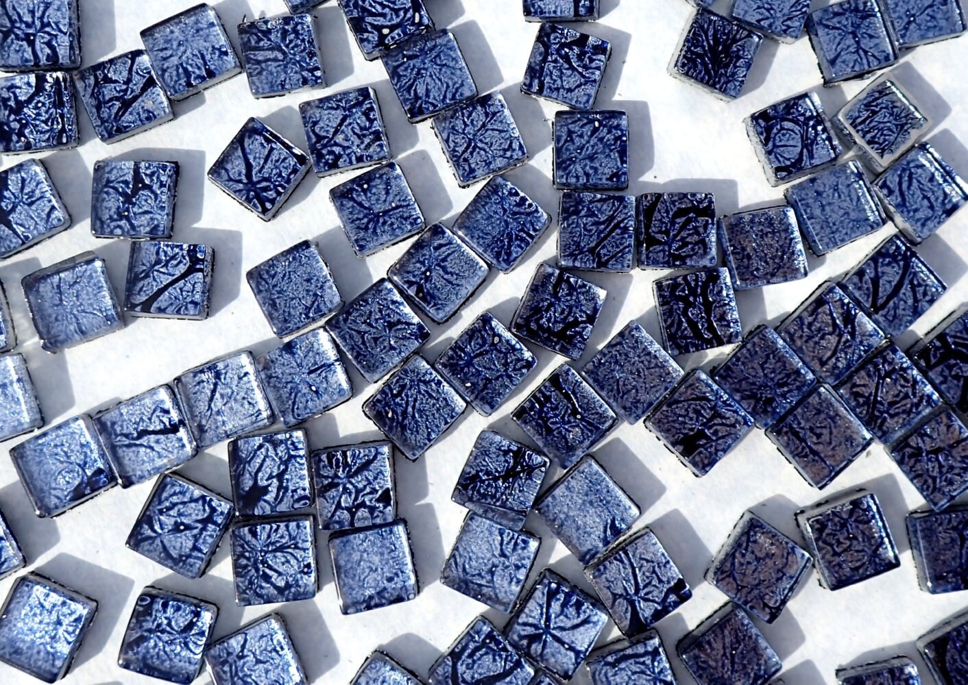 Midnight Blue Foil Square Crystal Tiles - 10mm - 50g Metallic Glass Tiles in Dark Blue - Approx 50 Tiles