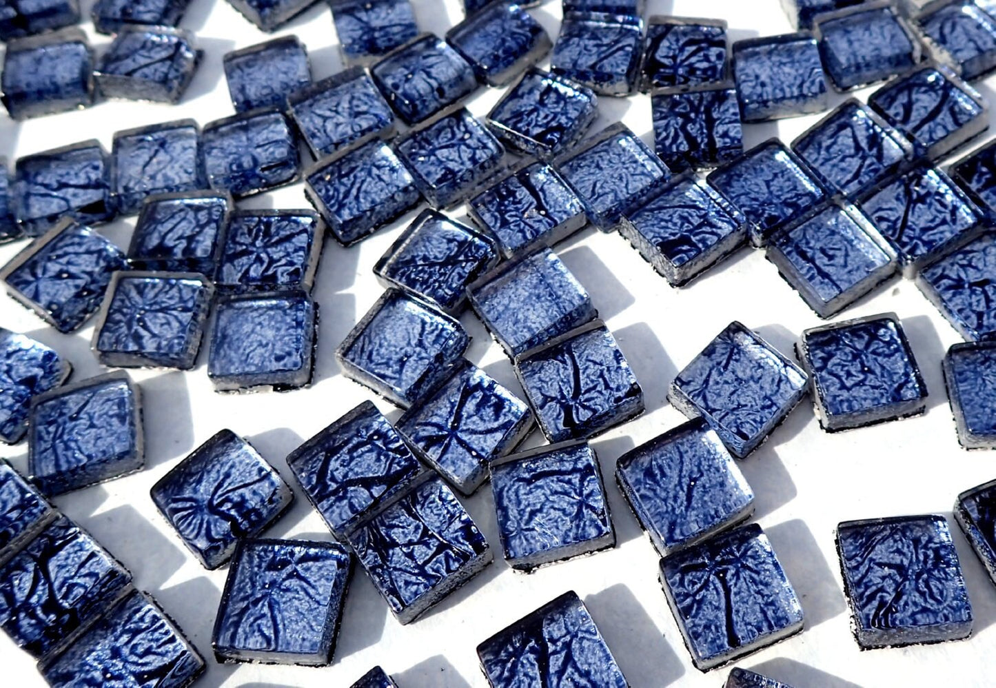 Midnight Blue Foil Square Crystal Tiles - 10mm - 50g Metallic Glass Tiles in Dark Blue - Approx 50 Tiles