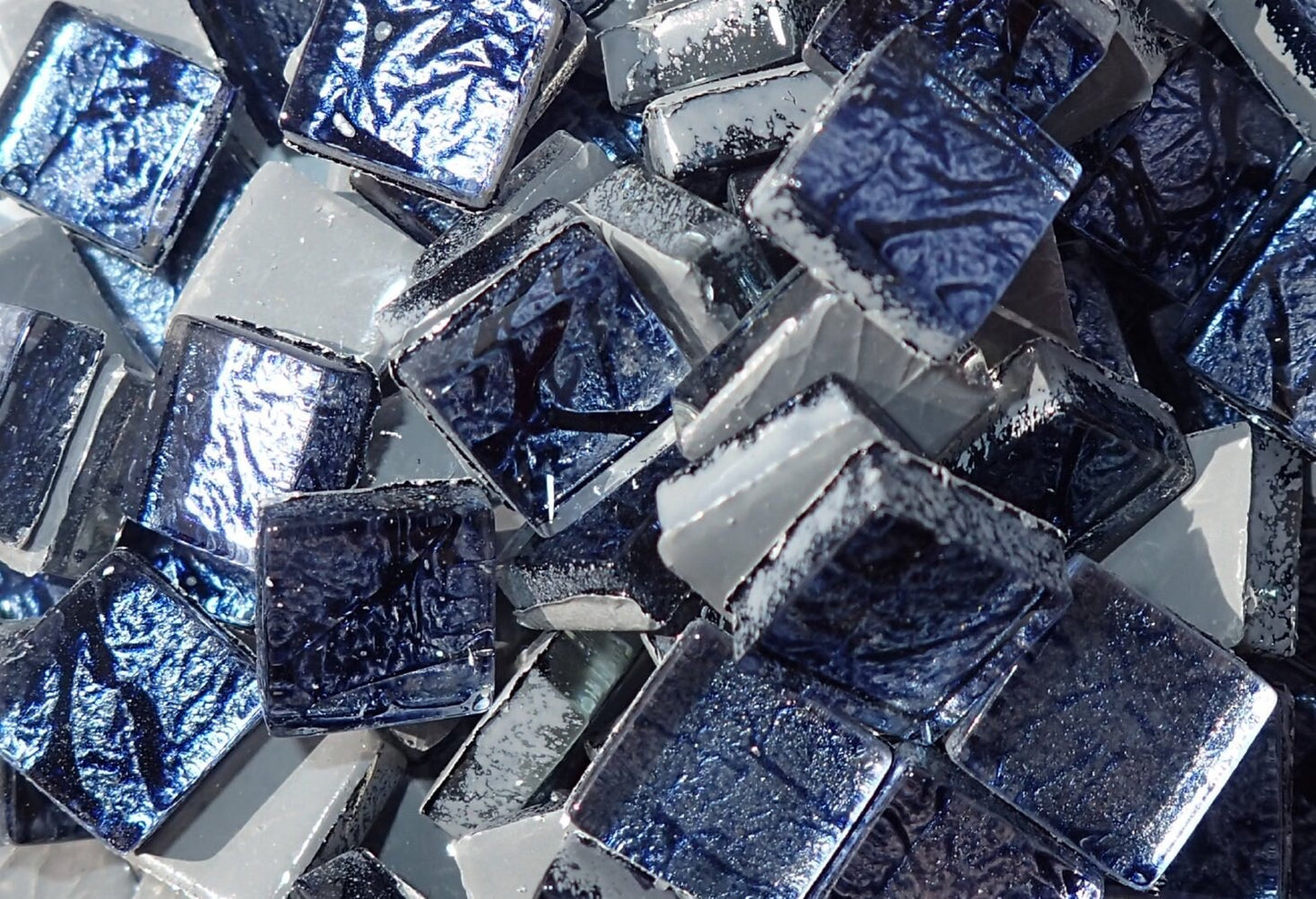 Midnight Blue Foil Square Crystal Tiles - 10mm - 50g Metallic Glass Tiles in Dark Blue - Approx 50 Tiles