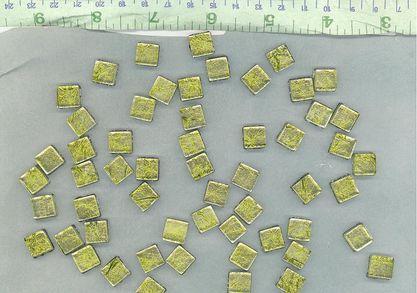 Green Foil Square Crystal Tiles - 10mm - 50g Metallic Glass Tiles in Chartreuse - Approx 50 Tiles