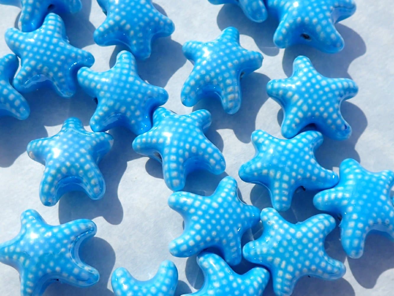 Light Blue Starfish Beads - Ceramic Mosaic Tiles - 10 Puffy Beads - Sea Stars