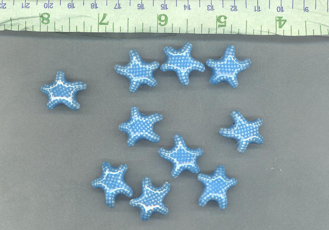 Light Blue Starfish Beads - Ceramic Mosaic Tiles - 10 Puffy Beads - Sea Stars