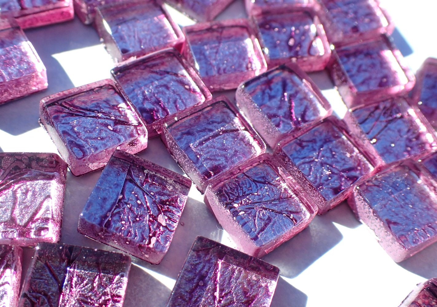 Purple Foil Square Crystal Tiles - 10mm - 50g Metallic Glass Tiles in Wisteria - Approx 50 Tiles