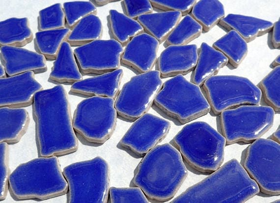 Denim Blue Mosaic Ceramic Tiles - Jigsaw Puzzle Shaped Pieces - Half Pound - Assorted Sizes Random Shapes - Delphinium