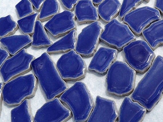 Denim Blue Mosaic Ceramic Tiles - Jigsaw Puzzle Shaped Pieces - Half Pound - Assorted Sizes Random Shapes - Delphinium