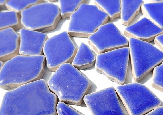 Denim Blue Mosaic Ceramic Tiles - Jigsaw Puzzle Shaped Pieces - Half Pound - Assorted Sizes Random Shapes - Delphinium