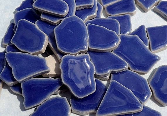 Denim Blue Mosaic Ceramic Tiles - Jigsaw Puzzle Shaped Pieces - Half Pound - Assorted Sizes Random Shapes - Delphinium