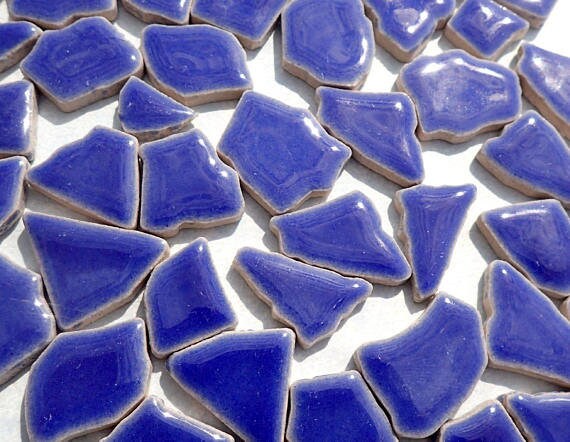Denim Blue Mosaic Ceramic Tiles - Jigsaw Puzzle Shaped Pieces - Half Pound - Assorted Sizes Random Shapes - Delphinium