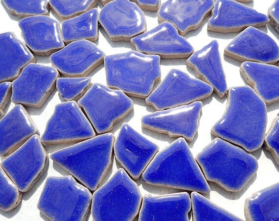 Denim Blue Mosaic Ceramic Tiles - Jigsaw Puzzle Shaped Pieces - Half Pound - Assorted Sizes Random Shapes - Delphinium