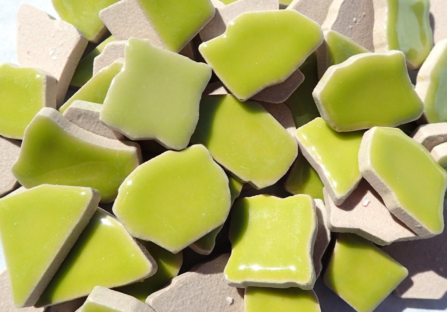 Kiwi Green Mosaic Ceramic Tiles - Jigsaw Puzzle Shaped Pieces - Half Pound - Assorted Sizes Random Shapes