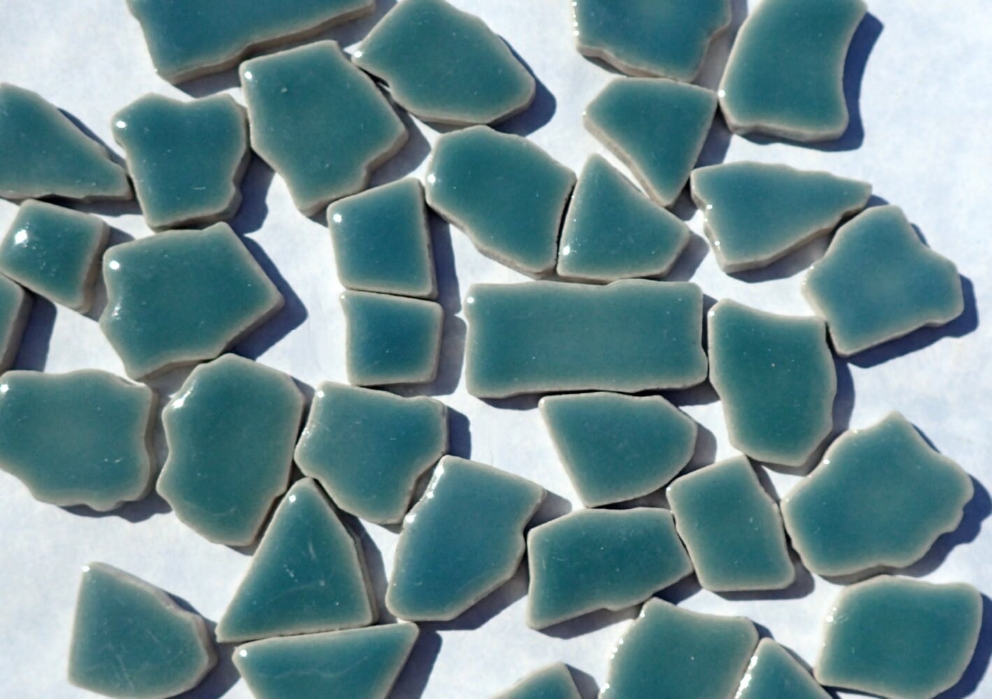 Sea Green Mosaic Ceramic Tiles - Jigsaw Puzzle Shaped Pieces - Half Pound - Assorted Sizes Random Shapes in Phthalo Green