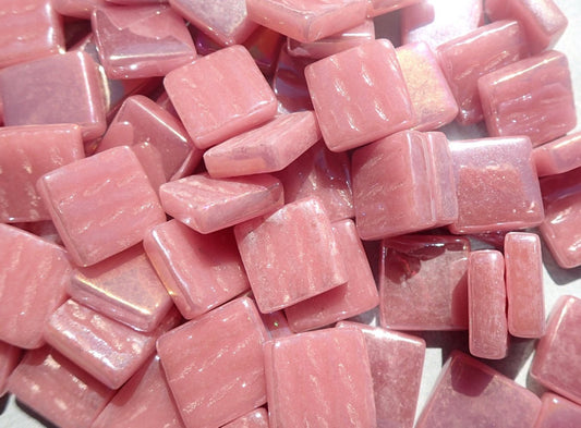 Rose Iridescent Glass Square Mosaic Tiles - 12mm - Deep Pink Opaque Glass Solid Color - 50g of Squares - Approx 35 Tiles