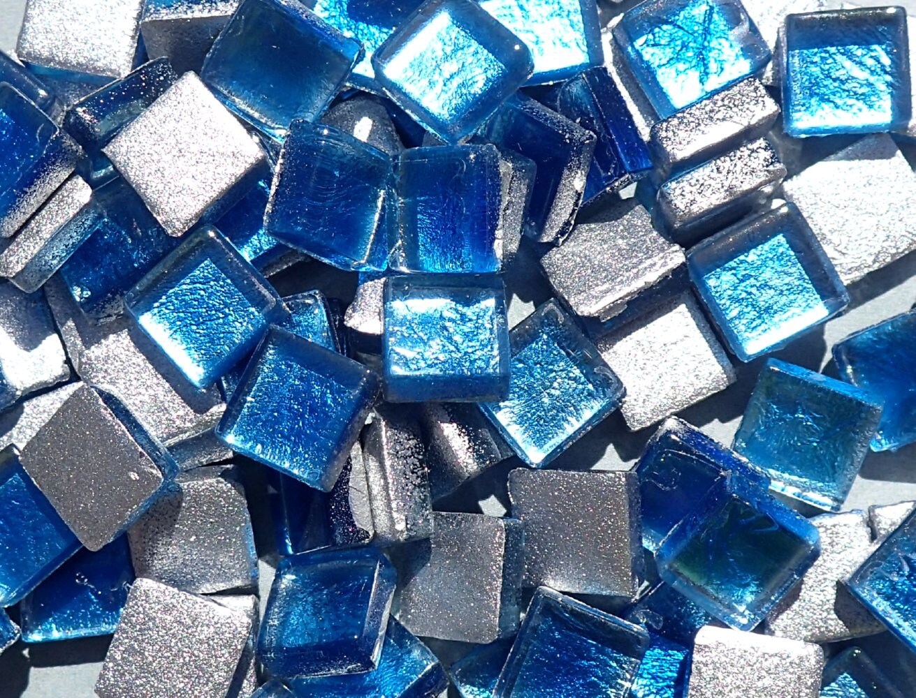 Blue Foil Square Crystal Tiles - 10mm - 50g Metallic Glass Tiles in Da ...