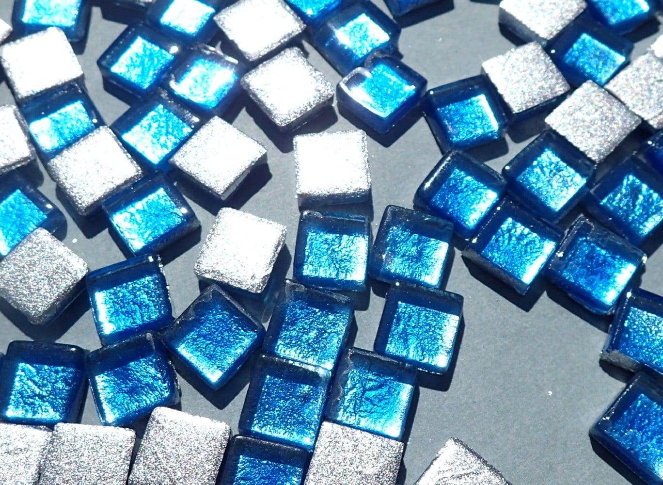 Blue Foil Square Crystal Tiles - 10mm - 50g Metallic Glass Tiles in Dark Aqua - Approx 50 Tiles